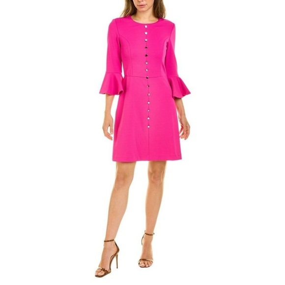 Trina Turk fuchsia pink Mirana bell sleeve gold buttons Mini Dress size 6 - Picture 1 of 12